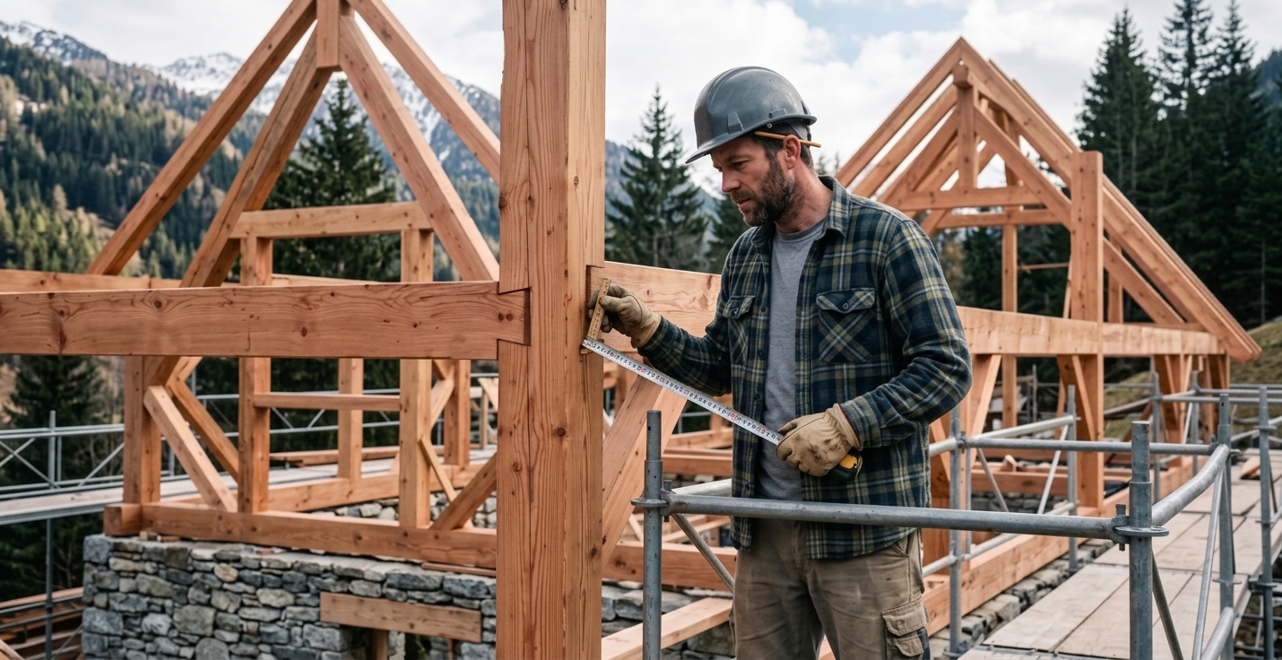 A carpenter inspects a solid timber wall panel joint on the wooden frame of an alpine chalet under construction.