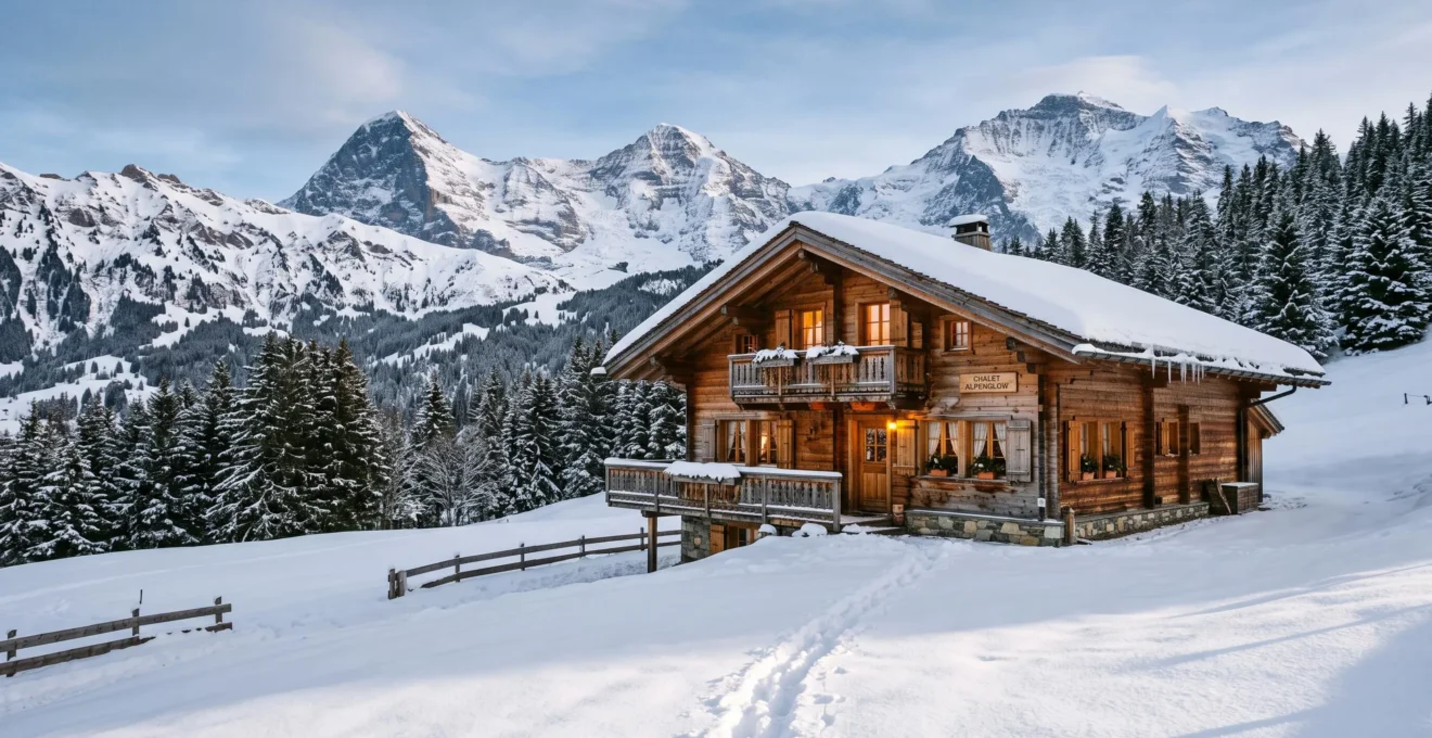 A traditional timber alpine chalet with a steep snow-covered roof and glowing windows in a high mountain valley at dusk.