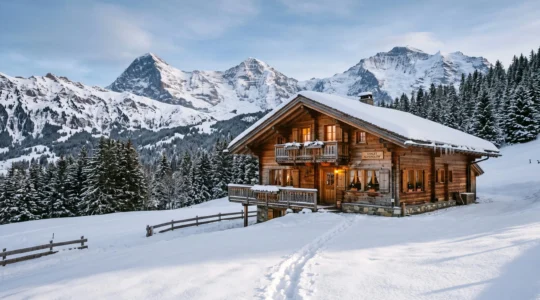 A traditional timber alpine chalet with a steep snow-covered roof and glowing windows in a high mountain valley at dusk.