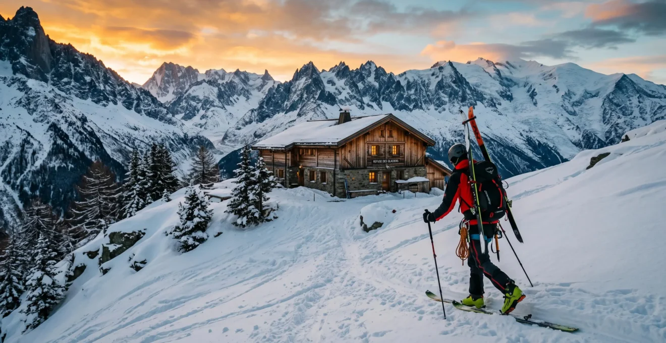 A backcountry skier climbs a snowy slope toward an alpine chalet at sunrise, with glacier-capped peaks in the background.