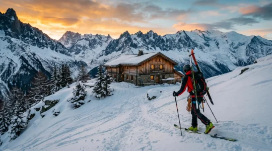 A backcountry skier climbs a snowy slope toward an alpine chalet at sunrise, with glacier-capped peaks in the background.