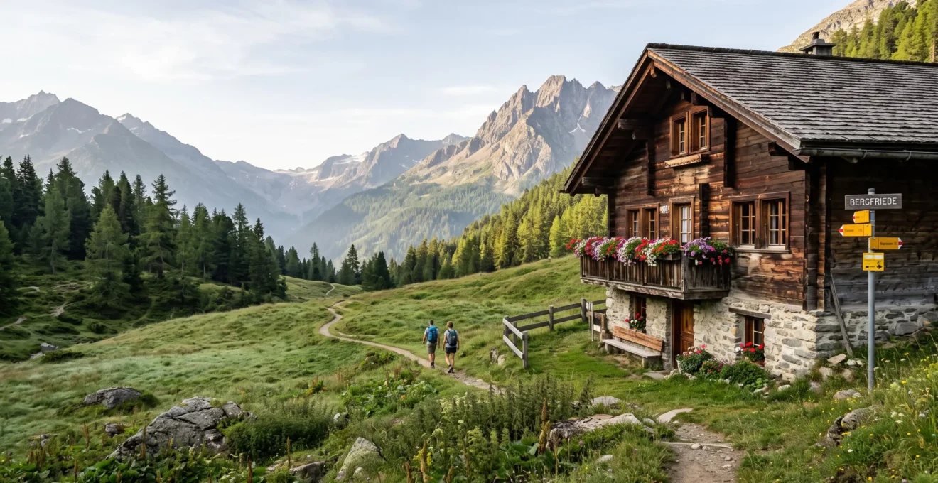 Hikers walk along a mountain trail passing a timber chalet with a flower-lined balcony in green alpine pastures at sunrise.
