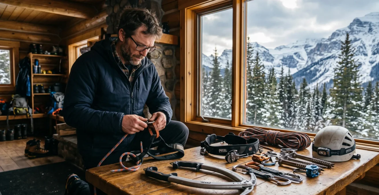 A mountain guide inspects climbing ropes and a harness on a wooden table inside a lodge with snowy peaks visible through the window.