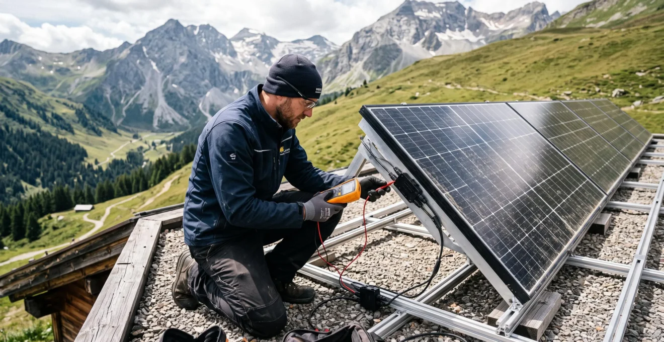A technician kneels on a chalet rooftop testing the cable connection of a mounted solar panel with a multimeter.