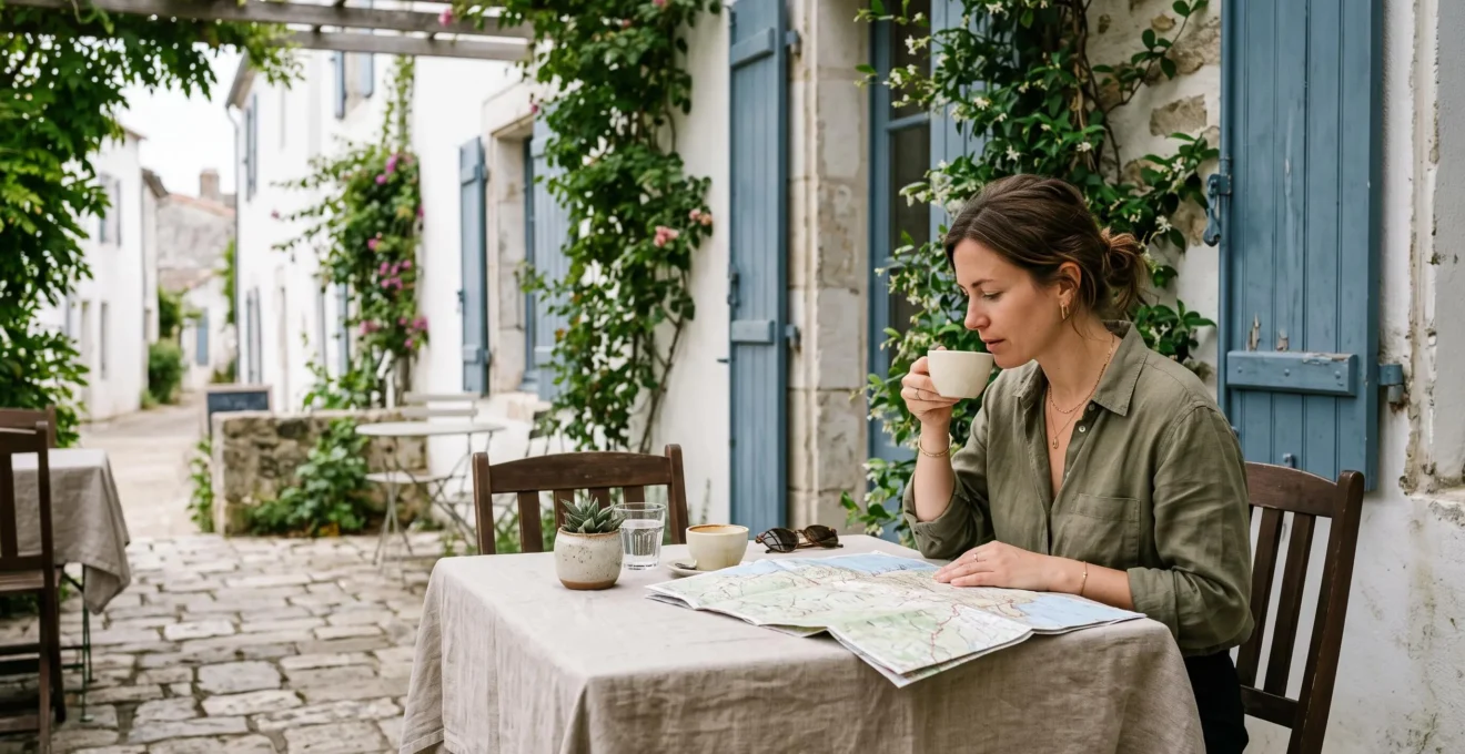 A woman enjoying coffee on a boutique hotel terrace with whitewashed walls and shutters.