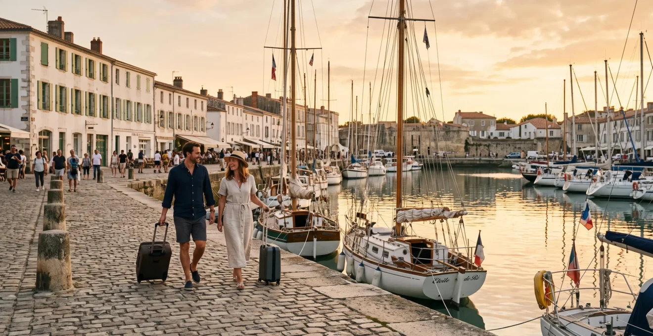 A couple with luggage walking along the Saint-Martin harbor quay at sunset.