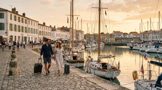 A couple with luggage walking along the Saint-Martin harbor quay at sunset.
