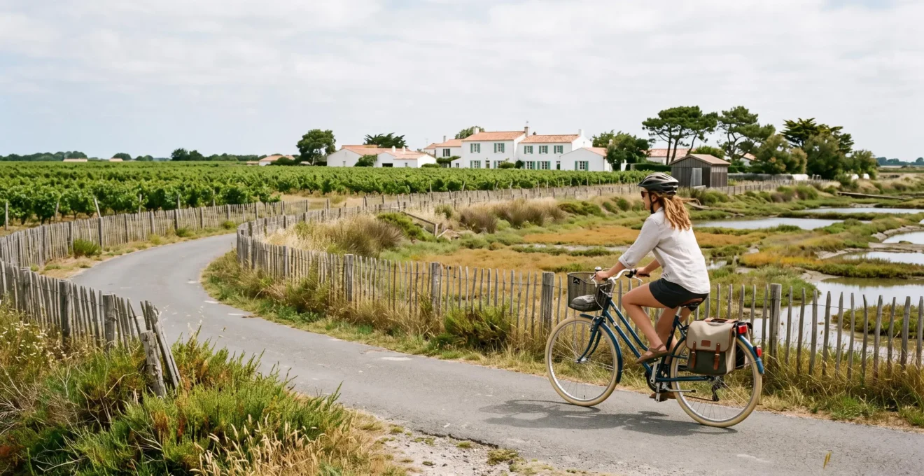 A cyclist riding a bicycle on a flat island path between vineyards and salt marshes.