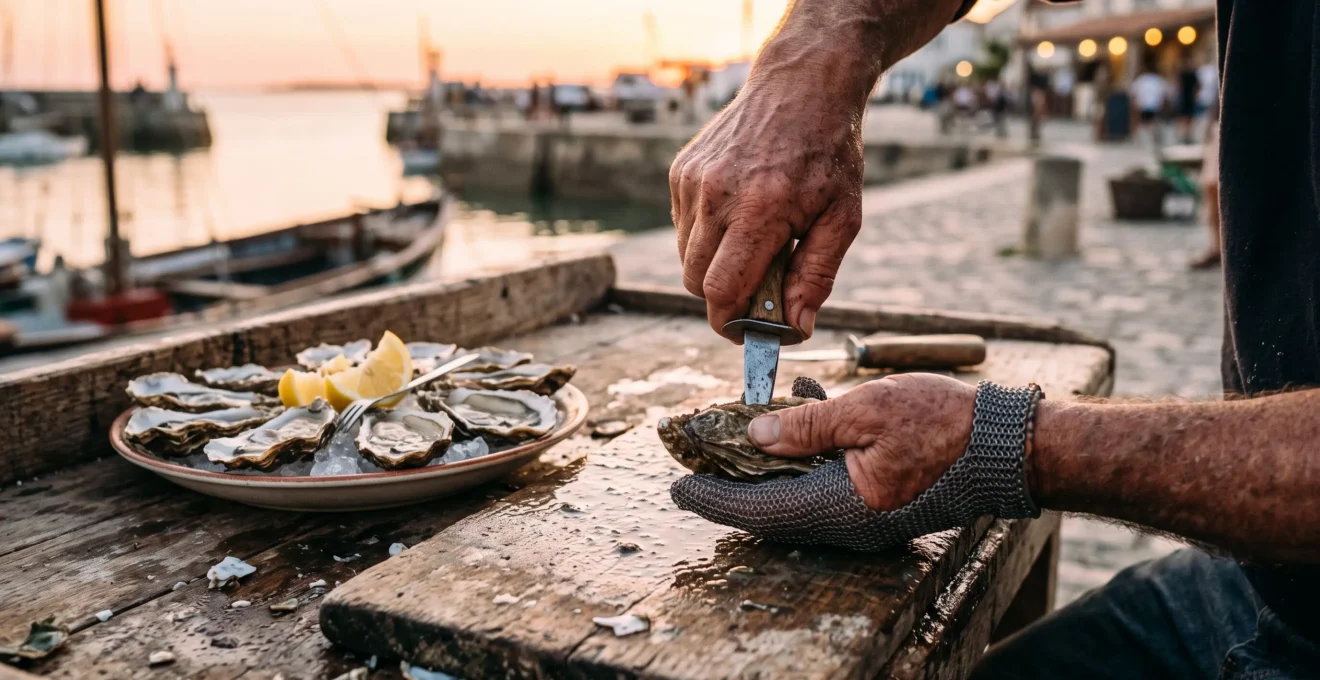 An oyster farmer opening fresh oysters with a knife at a wooden stall.